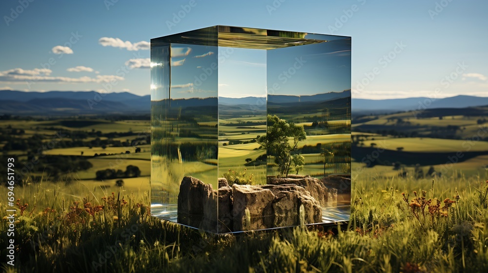 Poster Generative AI : Landscape with tree on a sunny day reflected in a glass sphere on green background