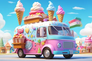 Foto op Canvas 3D illustration, cute cartoon style ice cream truck car © Julaini