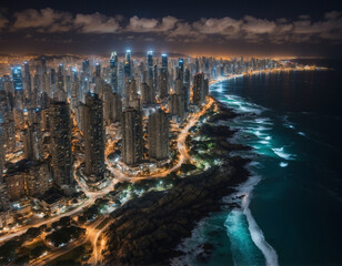 aerial photography of urban areas by the ocean with tall buildings at night from a drone's perspective