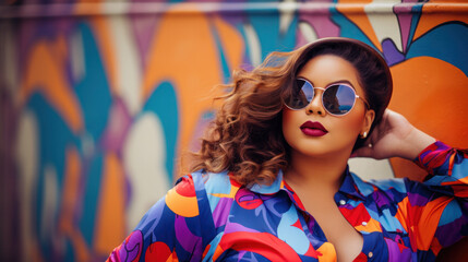 Stylish american plus size model at streets of city against graffity wall.