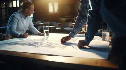 Design team collaborating on blueprints in an office setting