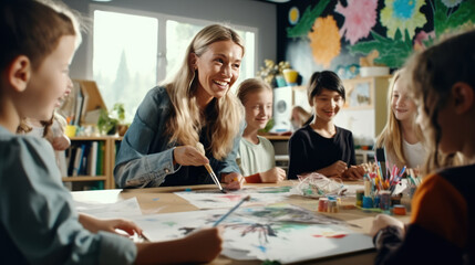 Smiling woman teaching art class to group of children. Creative education.