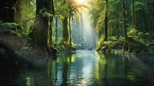 A beautiful natural landscape in the forest with a lake flowing amidst the forest and trees. seamless looping time-lapse virtual video animation background. Generated AI
