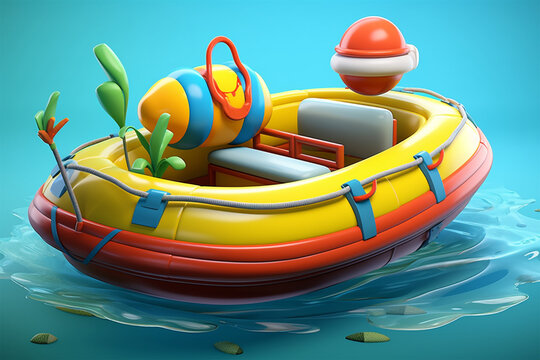 3D illustration, cute cartoon style inflatable boat