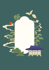 Korean traditional house and pine tree illustration.