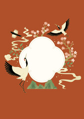 Korean traditional illustration with birds, plants and clouds.