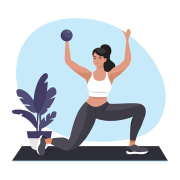 Home fitness, workout concept. Women doing Medicine Ball lunge exercise on sports mat in living room in sports clothes: sneakers, leggins, top. Workout with light gym equipment. Abstract background.