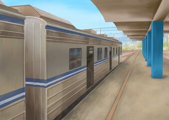 Speed train, a digital painting of locomotive on platform at railway station raster 3D illustration anime background.