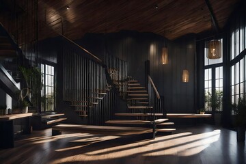 Interior Design with Staircase, Rustic Bench, and Concrete Wall