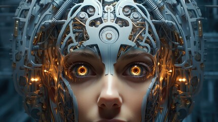 AI concept. Artificial intelligence technology. Futuristic female android. Face of a robot. AI Generated