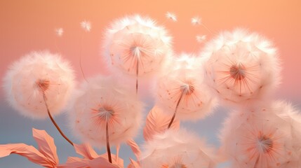 fluffy dandelions on a peach background; conceptual color of the year 2024, Peach Fuzz. Floral background. Pantone color
