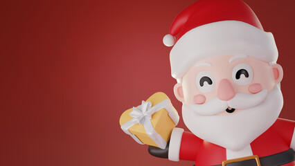 3D illustration of Santa Claus happily holding a heart-shaped gift box on dark red background. Merry Chirstmas and Happy New Year concept.