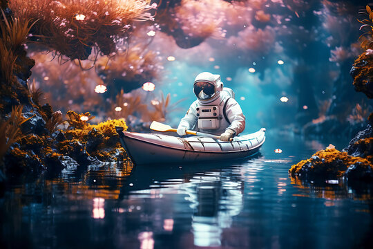 Male astronaut sits in a canoe near trees with peach and blue branches around him