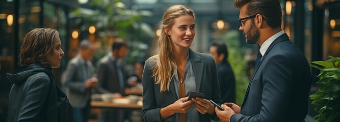 Conversation between businesspeople outside an office block.
