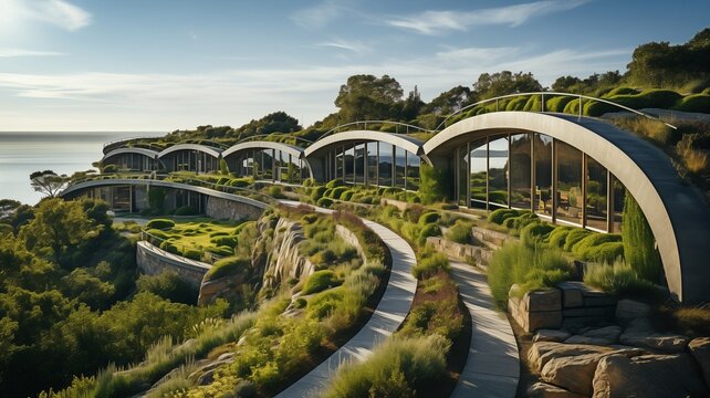 structures having an entirely vegetated green roof. large green, environmentally friendly sedum barn roof with succulent plants. Using succulents to green the roof.