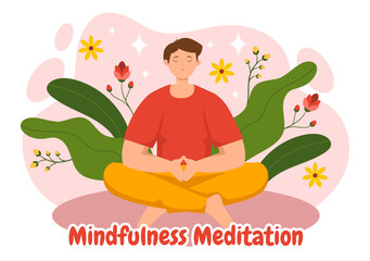 Mindfulness Meditation Vector Illustration of Person with Closed Eyes and Crossed Legs and Relaxation in Yoga Lotus Posture Flat Background