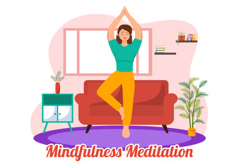 Mindfulness Meditation Vector Illustration of Person with Closed Eyes and Crossed Legs and Relaxation in Yoga Lotus Posture Flat Background