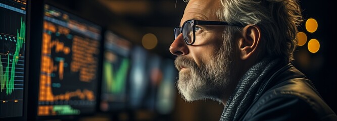Stockbroker observing price changes on stock market charts with great attention.