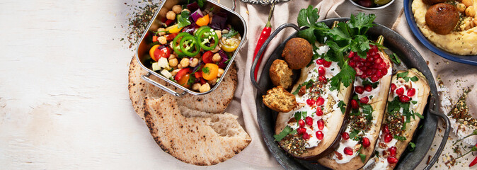 Middle eastern or Arabic dishes on light background. Tasty traditional food