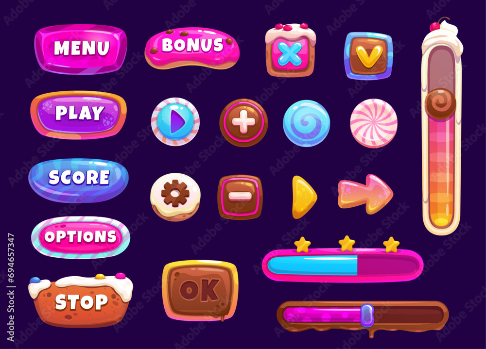 Poster game interface candy buttons and window, loading bar, slider, menu panel. mobile game user or app sw