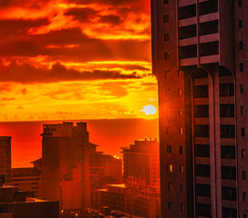 Colorful Sunset Pacific Ocean Buildings Waikiki Honolulu Hawaii