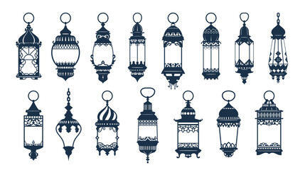 Ramadan or Eid Mubarak arab islamic famous lantern or lamp silhouettes. Middle east ancient kerosene hanging light, Turkish antique gas lamp or islamic vintage lantern isolated vector silhouettes set - obrazy, fototapety, plakaty