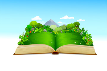 Open nature book with summer meadow or grass lawn, forest and mountain. Ecology education and clean environment background, imagination, storytelling vector concept with nature landscape on book pages - obrazy, fototapety, plakaty