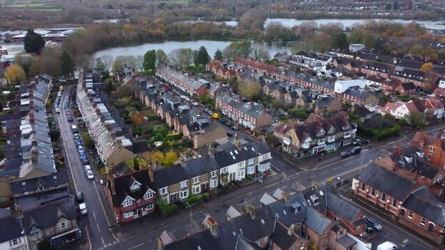 Aerial view residential houses in suburbs of Oxford City in England