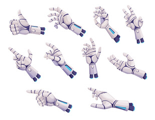 Robot hands or arms. Future artificial technology, cyborg droid mechanical prosthesis. Cartoon vector robotic hands showing thumbs up and OK gesture, pointing, pressing button, holding something