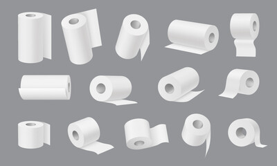Realistic toilet and towel paper, hygiene icons. Kitchen cleaning towels. Lavatory, bathroom toilet paper rolls or tubes, shop payment receipt spools isolated 3d vector mock up set