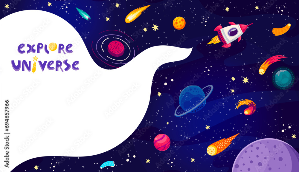 Poster Cartoon universe landscape, galaxy stars and planets with comets, asteroids and space rocket, vector background. Outer space adventure and galaxy sky exploration with spaceship in spaceflight