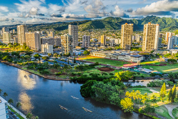 Colorful Canoes Buildings Ala Wai Canal Waikiki Honolulu Hawaii - obrazy, fototapety, plakaty