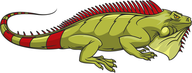 Cartoon iguana mascot. Sport club or league angry lizard iguana character mascot, aggressive wild animal or jungle green reptile personage isolated vector sticker or company symbol - obrazy, fototapety, plakaty