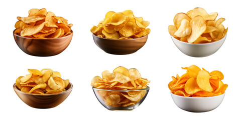 Collection set of potato chips in a bowl isolated on a transparent background - obrazy, fototapety, plakaty