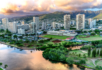 Colorful Pink Clouds Buildings Waikiki Ala Wai Canal Honolulu Hawaii