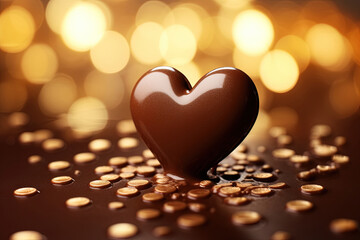 Heart Shaped Dark Chocolate on Golden Sparkle Bokeh Background. Ideal for World Chocolate Day, Valentine's Day, Friendship Day, and Chocolate Lovers