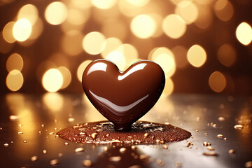 Heart Shaped Dark Chocolate on Golden Sparkle Bokeh Background. Ideal for World Chocolate Day, Valentine's Day, Friendship Day, and Chocolate Lovers
