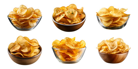 Collection set of potato chips in a bowl isolated on a transparent background - obrazy, fototapety, plakaty