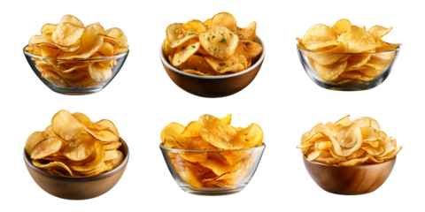 Collection set of potato chips in a bowl isolated on a transparent background