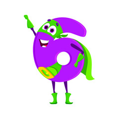 Cartoon math number six superhero character. Isolated vector arithmetic educational digit 6 personage with adorable defender appearance, featuring a cheerful face, rounded shape, and purple color