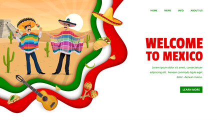 Landing page of mexico travel company site. Mexican characters with maracas in the desert. Mexico travel tour agency web page vector template with mariachi musicians, Inca pyramid and Tex Mex food
