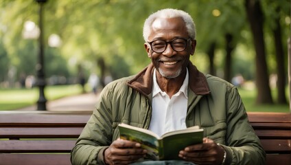 Fototapeta premium An elderly African man in glasses and a green jacket smiles while holding a book in his hands