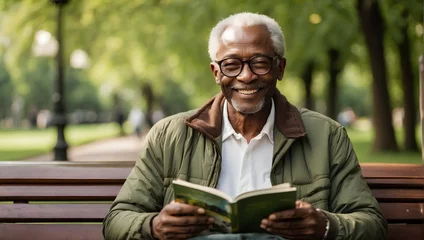 Papier Peint photo Vielles portes An elderly African man in glasses and a green jacket smiles while holding a book in his hands