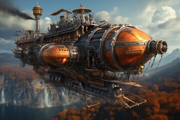 airship has multiple orange-hued balloons attached to a complex metal and wooden structure