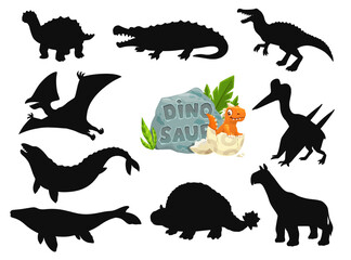 Cartoon dinosaurs cute characters silhouettes. Prehistoric reptile, extinct animal funny vector personages. Basilosaurus, Quetzalcoatlus, Indricotherium and Sarcosuchus, Baryonyx, Mosasaurus dinosaurs