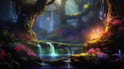 Enchanted forest scene with magical waterfall and colorful flora. Fantasy world.