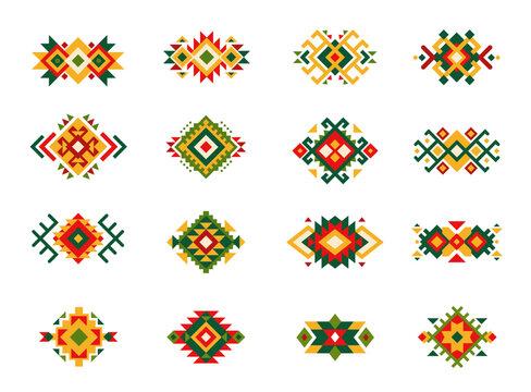 Mexican tribal motif patterns. Ethnic ornament. Aztec or Peru embroidery or print abstract ornament, Mexico ethnic decoration or Native American isolated vector geometric patterns set