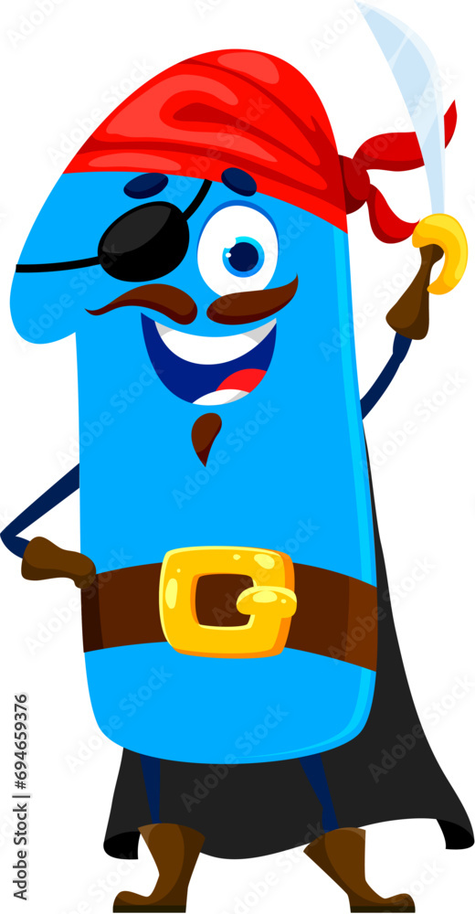 Poster cartoon funny number one pirate and corsair character. isolated vector playful digit 1 math personag