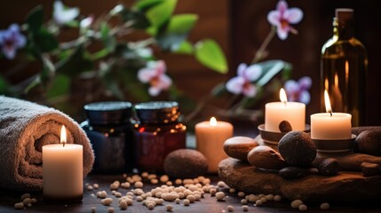 A tranquil spa setting with harmonious stone towers, candlelight and soft towels, ideal for...