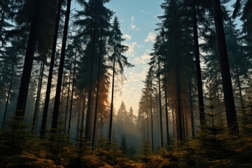 captures a serene and tranquil forest scene during the early hours of the morning or at dawn